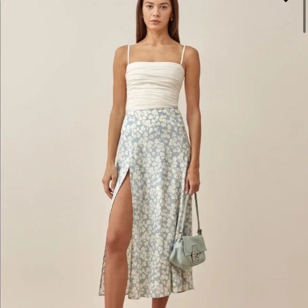 Reformation Blue and White Floral Midi Zoe Skirt